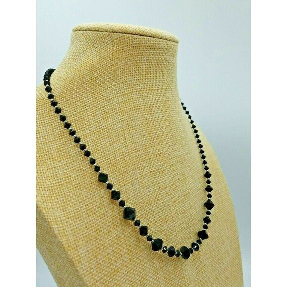 Black Beaded Necklace Silver Tone 18" - Picture 3 of 4